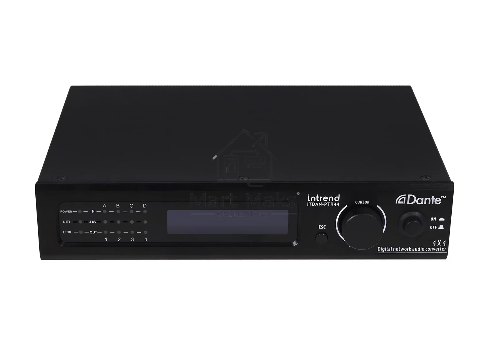 Конвертор Intrend ITDAN-PTR44 Dante - аналог. 4 входа/4 выхода phoenix, 2xRJ45(Dante). встроенный аудиопроцессор (gain, phantom power, mute). Управление ethernet/RS232. Питание 12V