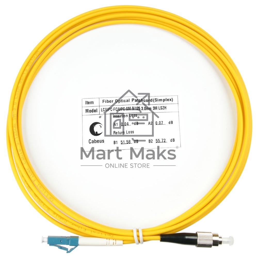 Патч-корд оптический Cabeus Tight Buffer, Simplex FC/LC, OS2 9/125, LSZH, 3м, Ø 3мм, чёрный хвостовик, жёлтый