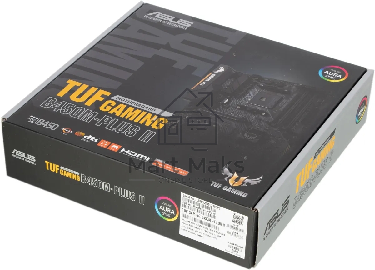Материнская плата ASUS TUF GAMING B450M-PLUS II, AM4, AMD B450, 4xDDR4, 6xSATA, 1xM.2, 1xPCIe 3.0 x16, 1xPCIe 2.0 x16, 1xPCIe x1, 1xHDMI, 1xDVI-D, 1x 1Gb LAN, 2xUSB-A 3.2 Gen 1, 1xUSB-A 3.2 Gen 2, 2xUSB-A 2.0, 1xUSB-C 3.2 Gen 1, 3x3.5 мм, 7.1, mATX