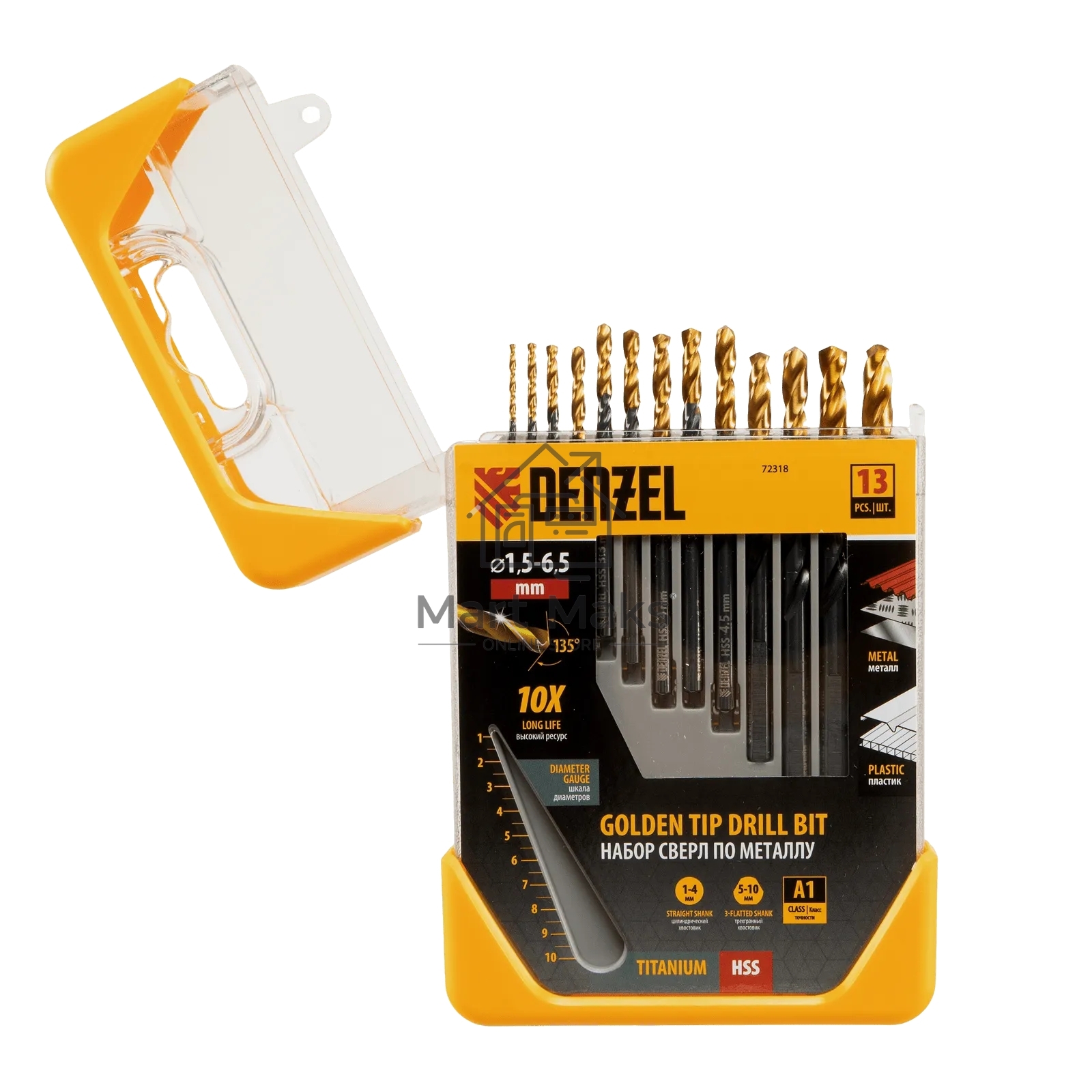 Набор сверл по металлу Denzel 1,5-6,5 мм, HSS-Tin, Golden Tip, 13 шт