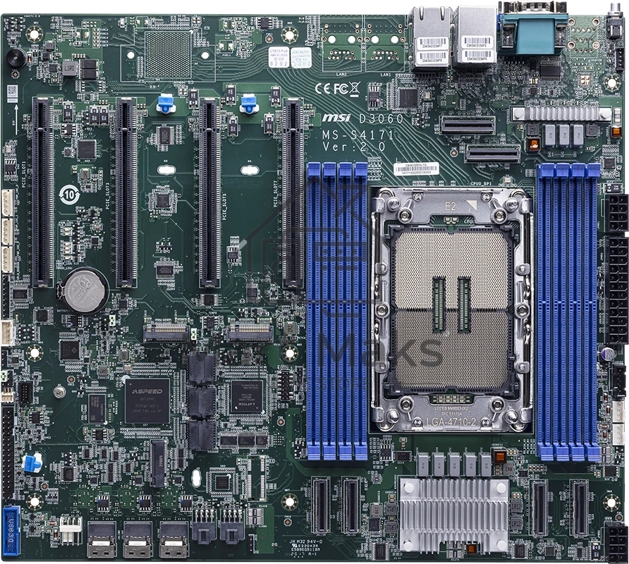 Серверная материнская плата MSI D3060-D3060GB2N-1G, 1xE2 (LGA 4710), Intel Xeon 6700E/6500P/6700P-Series, 8xDDR5 RDIMM (до 8000 МГц), 3xSlimSAS, 6xMCIO, 4xPCIe 5.0 x16, 2xM.2 22110, 2x1Gb LAN, AST2600 BMC, 2xUSB-A 5Gbps, 1xVGA, 1xCOM, RAID 0/1/5/10, SSI CEB