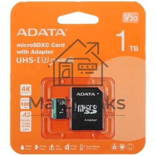 Карта памяти A-DATA AUSDX1TUI3V30SA2-RA1, 1TB microSDXC Class 10 UHS-I U3 V30S A2 100/80 MB/s (SD адаптер)