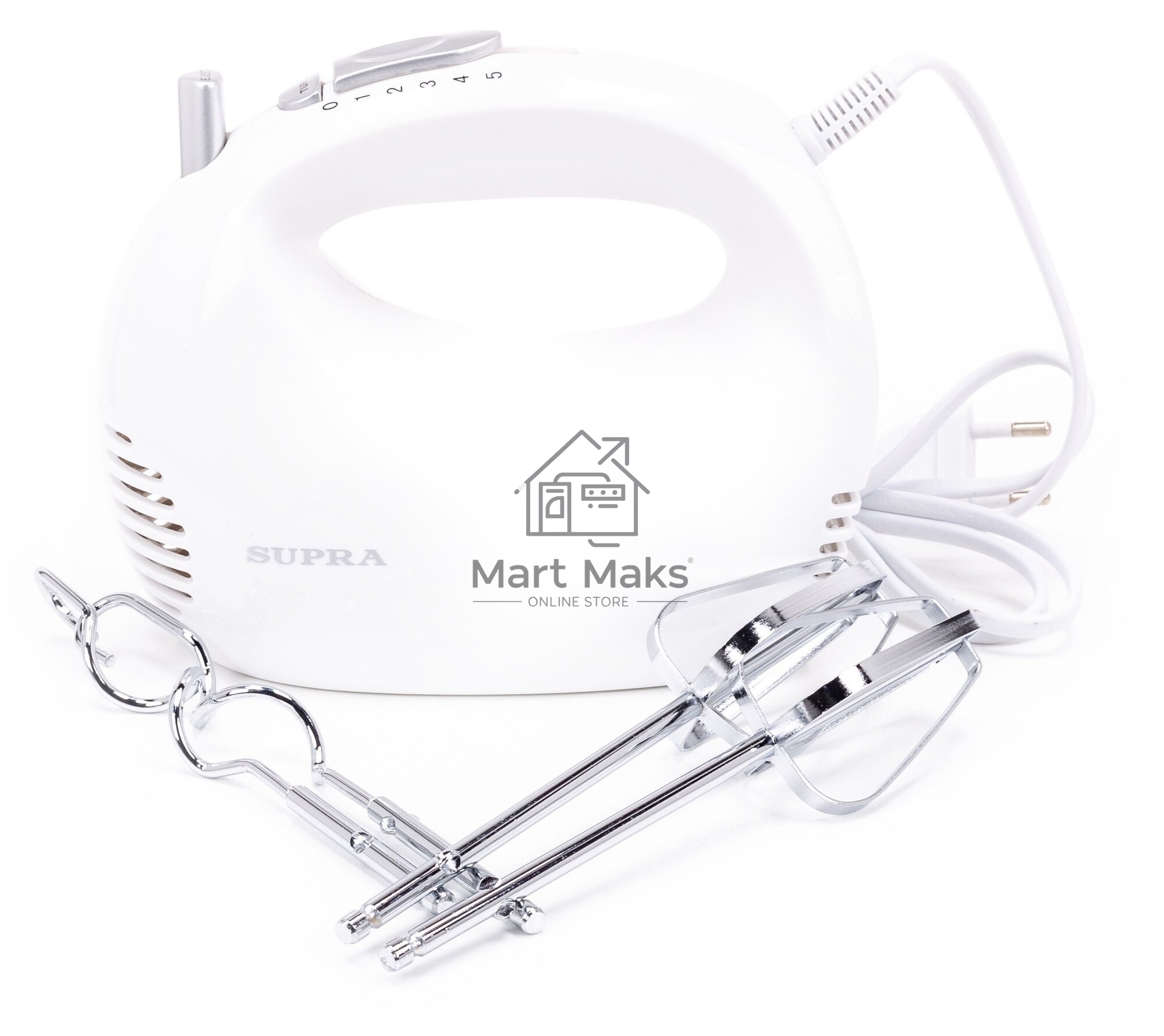 Миксер SUPRA MXS-527 500 Вт.Режим Турбо. 5 скоростей. Две насадки: для взбивания яиц и крема и для замеса тяжелого теста. белый.