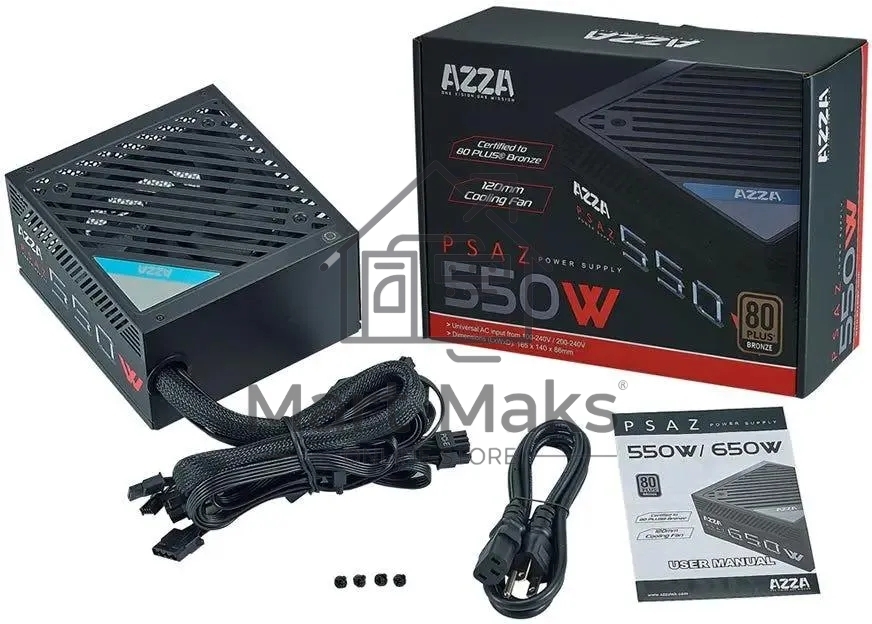 Блок питания Azza ATX 550W PSAZ-550W 80+ bronze (20+4pin) APFC 120mm fan 5xSATA RTL