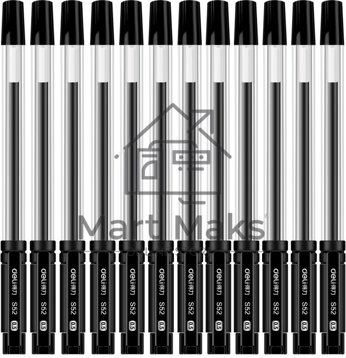 Набор ручек гелевых Deli 33205-BK прозрачный/черный, черные чернила, блистер (12шт), линия 0.5мм, резиновая манжета 12 ручек + 12 сменных стержней