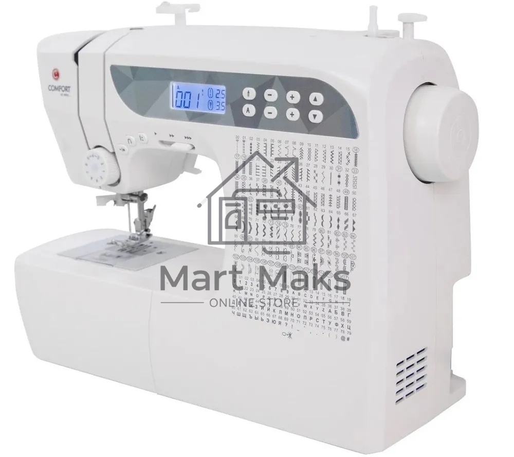 Швейная машина Comfort 1001 200 операций, 9 видов петель, жк дисплей, нитевдеватель, горизонтальный челнок, русск./англ. алфавит, плавная регулировка скорости на корпусе, регулятор давления лапки, нитевдеватель, возможность шитья двойной иглой, возможност