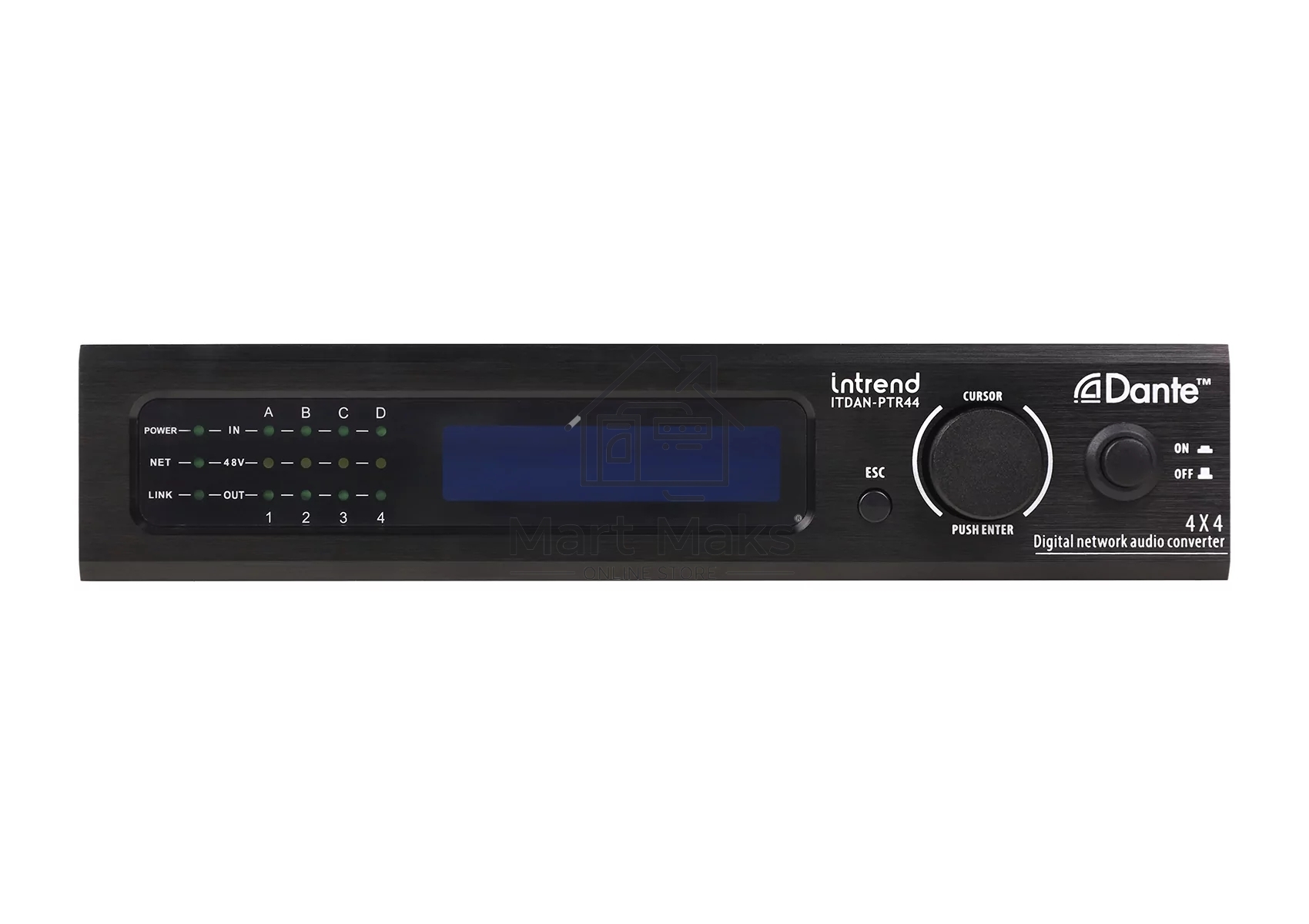 Конвертор Intrend ITDAN-PTR44 Dante - аналог. 4 входа/4 выхода phoenix, 2xRJ45(Dante). встроенный аудиопроцессор (gain, phantom power, mute). Управление ethernet/RS232. Питание 12V