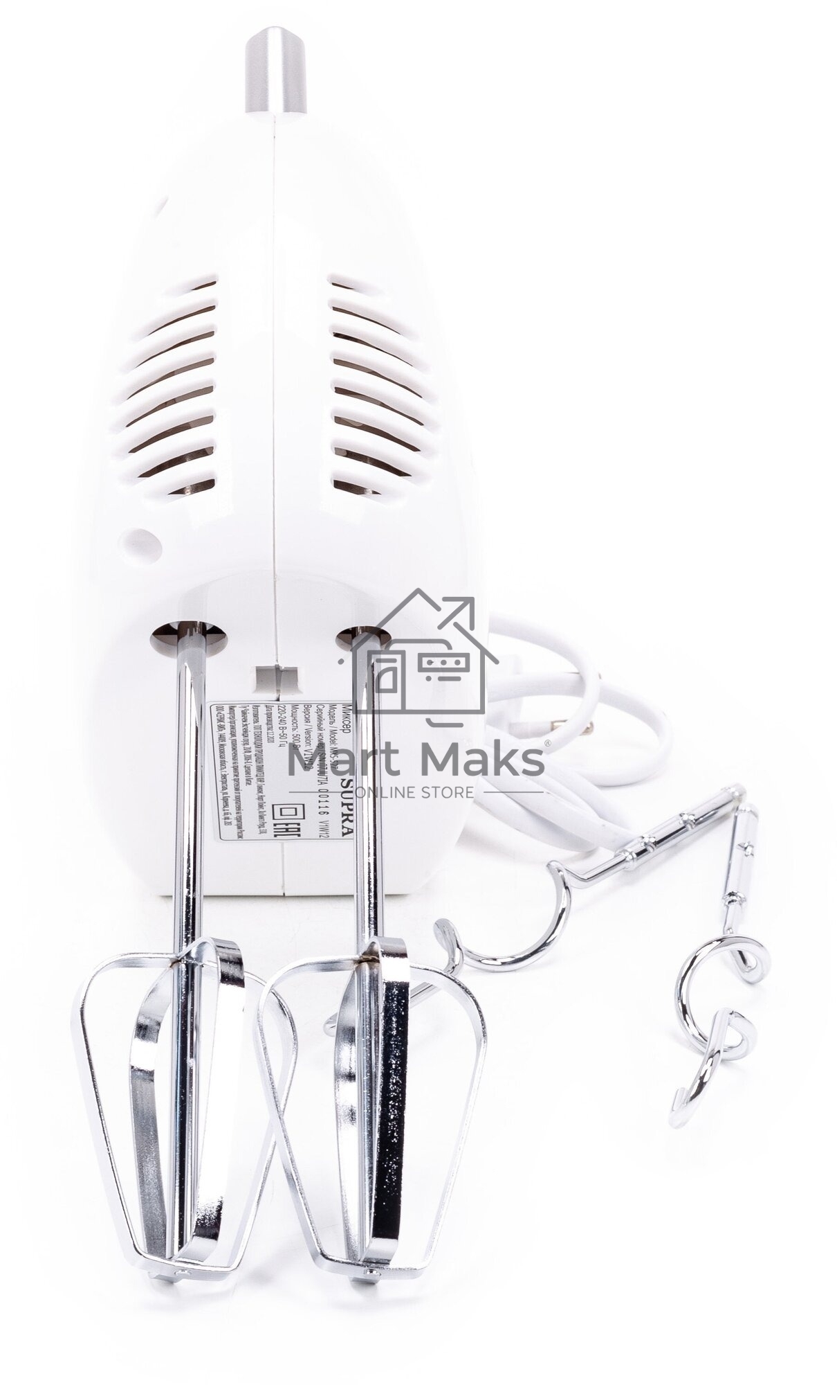 Миксер SUPRA MXS-527 500 Вт.Режим Турбо. 5 скоростей. Две насадки: для взбивания яиц и крема и для замеса тяжелого теста. белый.