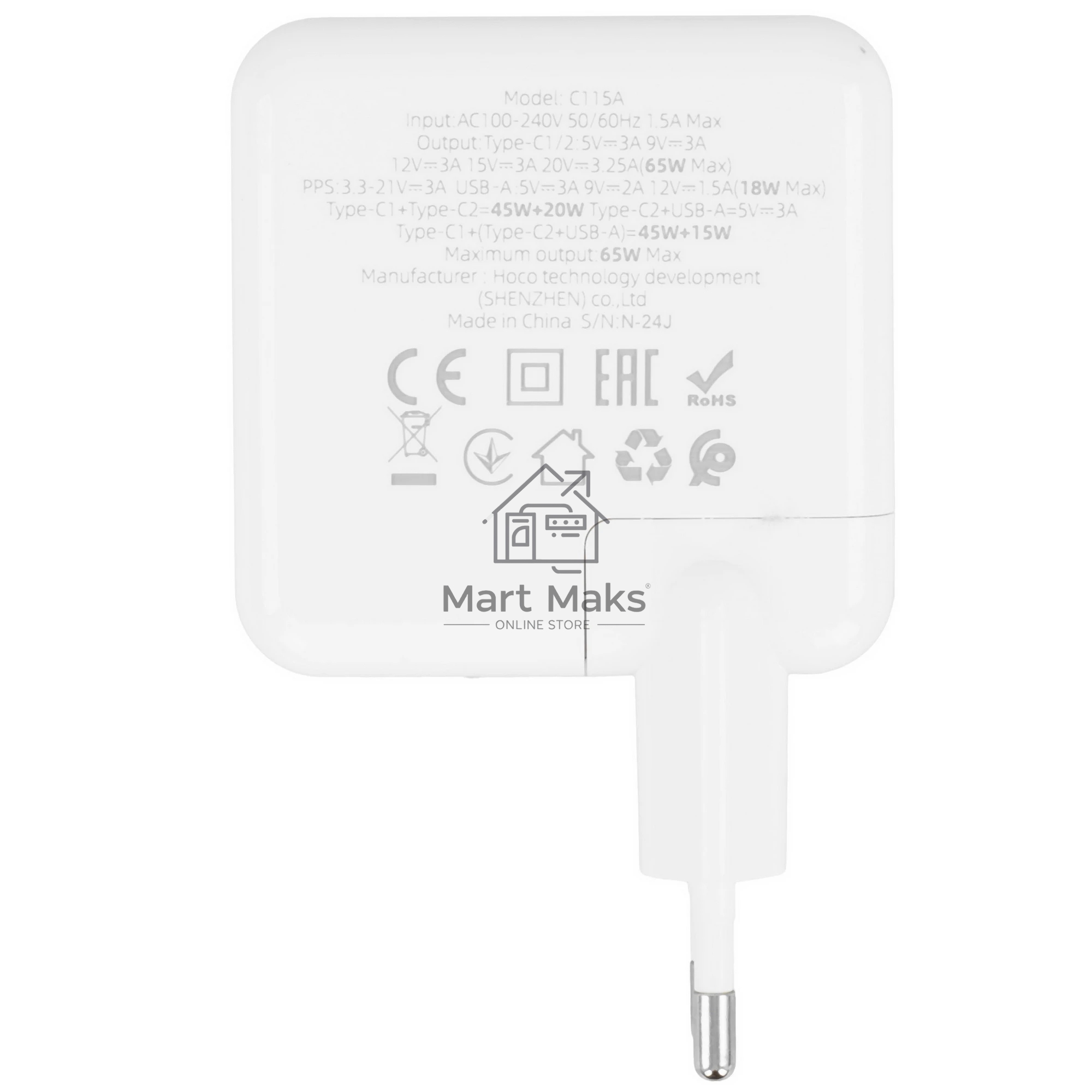 Блок питания (сетевой адаптер) HOCO C115A 2 Type-C/USB-А, белый