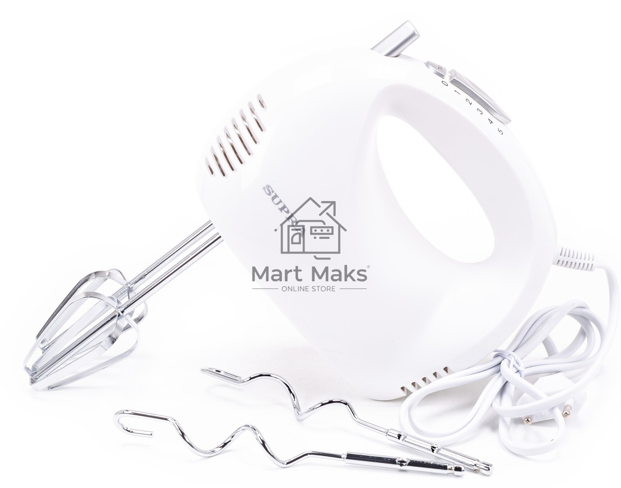 Миксер SUPRA MXS-527 500 Вт.Режим Турбо. 5 скоростей. Две насадки: для взбивания яиц и крема и для замеса тяжелого теста. белый.