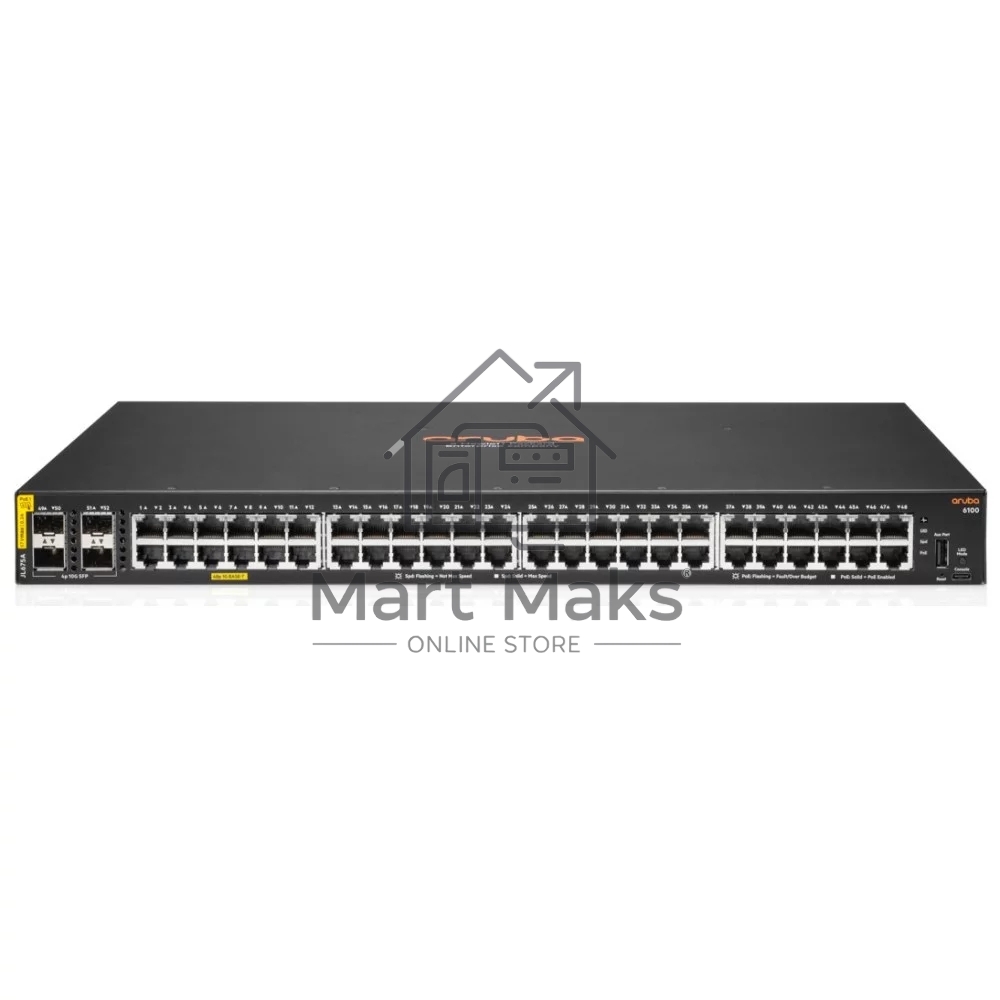 Коммутатор HPE Aruba 6100 48G 4SFP+ 370PoE+, 48×1 Гбит/с PoE+ + 4×10 Гбит/с SFP+, управляемый