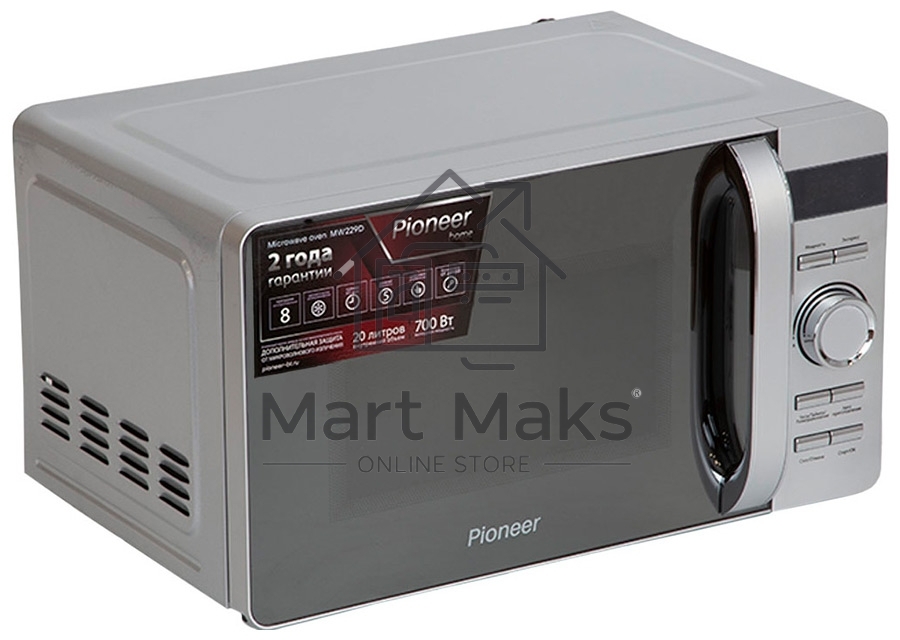 Микроволновая печь Pioneer MW229D серебристый, 20 л, 700 Вт, переключатели - поворотный механизм/кнопки