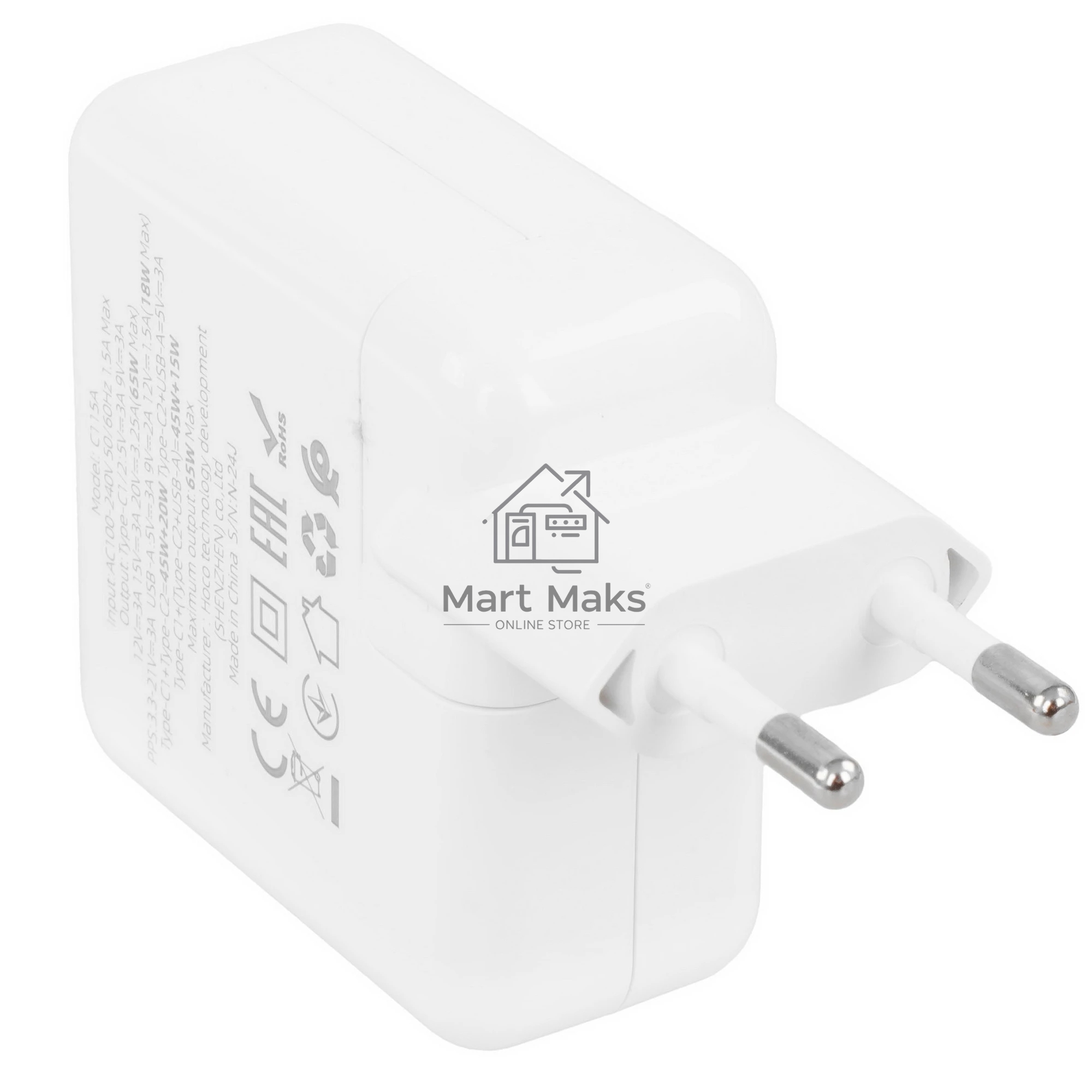 Блок питания (сетевой адаптер) HOCO C115A 2 Type-C/USB-А, белый