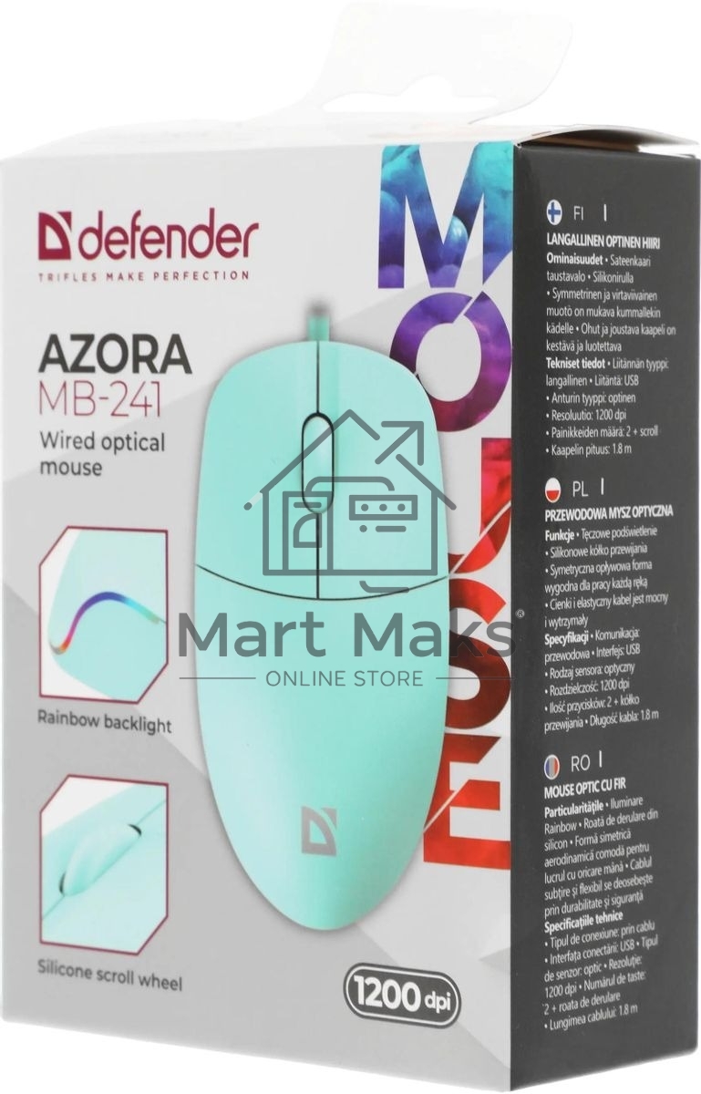 Мышь проводная Defender Azora MB-241 голубой, 1200 dpi, USB, кнопки - 3