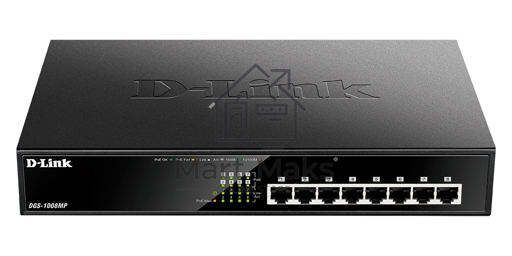 Коммутатор D-Link DGS-1008MP/B1A, 8×1 Гбит/с, неуправляемый