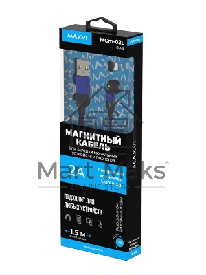 Кабель Maxvi MCm-02L blue, USB-A - Lightning, 2A, магнитный разъем, LED ток макс. нагрузки 2А, макс. напряжение 5V; стандарт USB 2.0; длина 1.5м, нейлоновая оплетка, съемный магнитный коннектор, LED подсветка, синий
