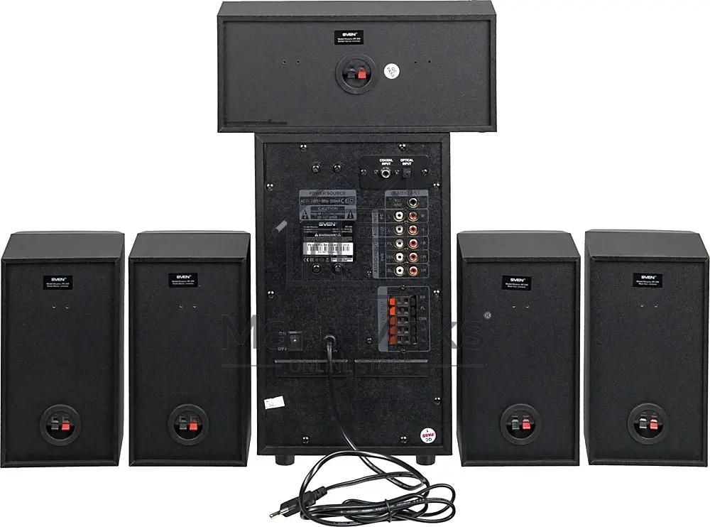 Аудиоколонки SVEN HT-210, черный, акустическая система 5.1, мощность (RMS):50Вт+5x15Вт, Bluetooth, Optical, Coaxial, FM-тюнер, USB/SD, дисплей, ПДУ