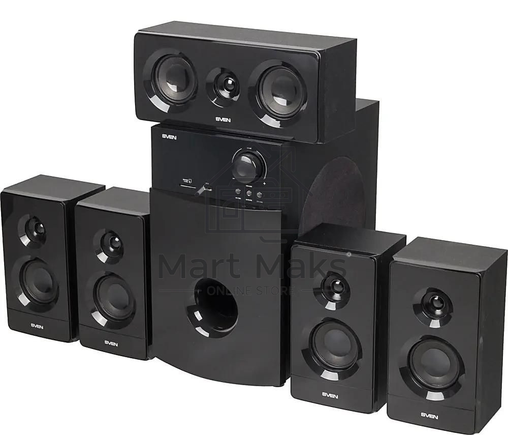 Аудиоколонки SVEN HT-210, черный, акустическая система 5.1, мощность (RMS):50Вт+5x15Вт, Bluetooth, Optical, Coaxial, FM-тюнер, USB/SD, дисплей, ПДУ