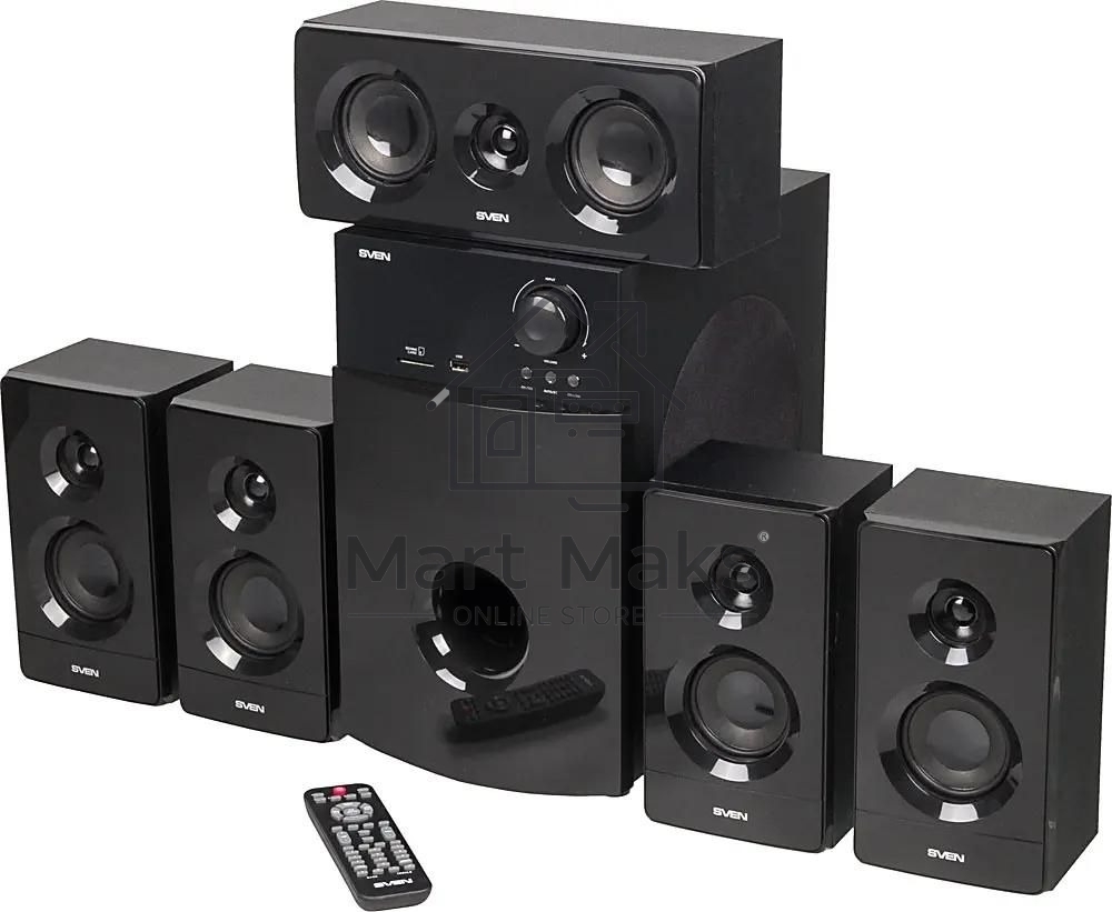Аудиоколонки SVEN HT-210, черный, акустическая система 5.1, мощность (RMS):50Вт+5x15Вт, Bluetooth, Optical, Coaxial, FM-тюнер, USB/SD, дисплей, ПДУ
