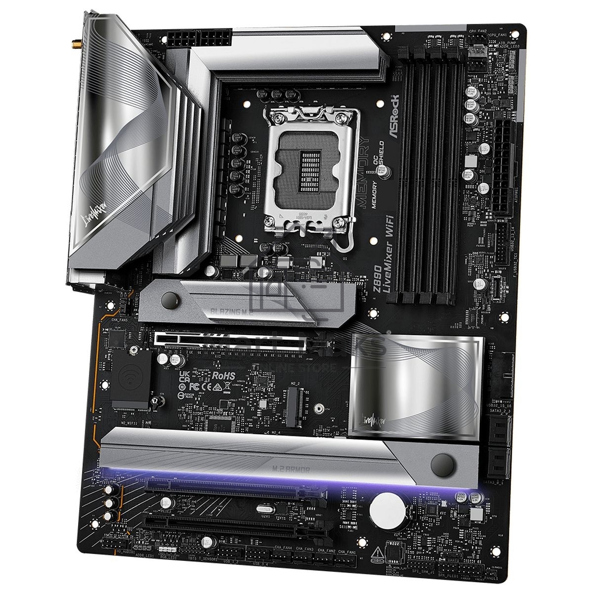 Материнская плата ASRock Z890 LiveMixer WiFi, LGA 1851, Intel Z890, 4xDDR5, 4xSATA, 4xM.2, 1xPCIe 5.0 x16, 2xPCIe 4.0 x16, 2xUSB-C Thunderbolt 4, 10xUSB-A 3.2 Gen 1, 2xUSB-A 3.2 Gen 2, 1xHDMI, 1x2.5Gb LAN, 5x3.5 мм, 7.1, ATX