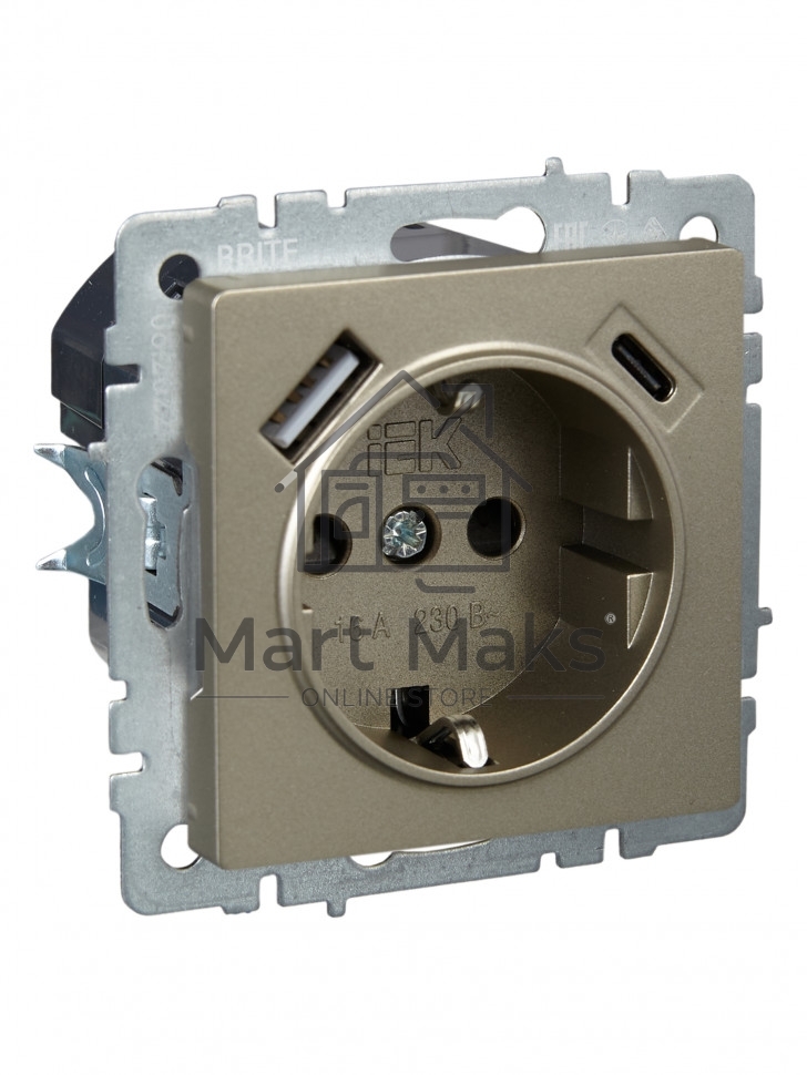 Розетка 1-местная IEK BRITE РЮш11-1-БрШ (BR-R14-16-U22-018-K37) с заземлением, с защитными шторками, 16А, с USB A+C 18 Вт, шампань