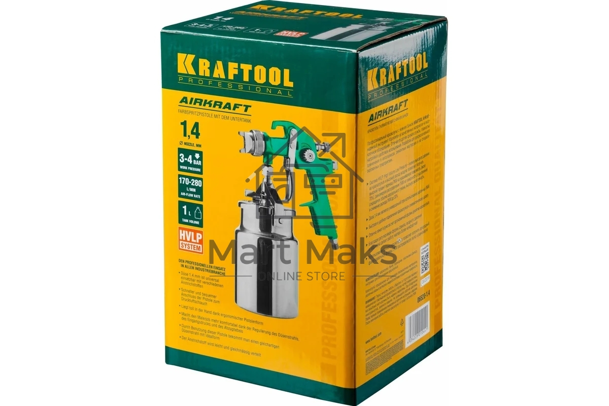 Пневматический краскопульт KRAFTOOL AirKraft, HVLP, с нижним бачком, 1,4мм 06520-1.4