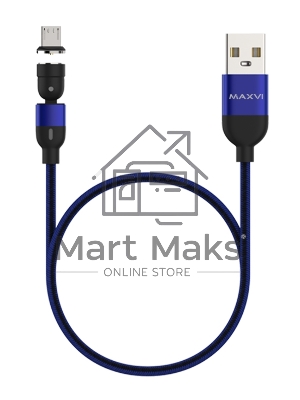 Кабель Maxvi MCm-02M blue, USB-A - MicroUSB, 2A, магнитный разъем, LED ток макс. нагрузки 2А, макс. напряжение 5V; стандарт USB 2.0; длина 1.5м, нейлоновая оплетка, съемный магнитный коннектор, LED подсветка, синий