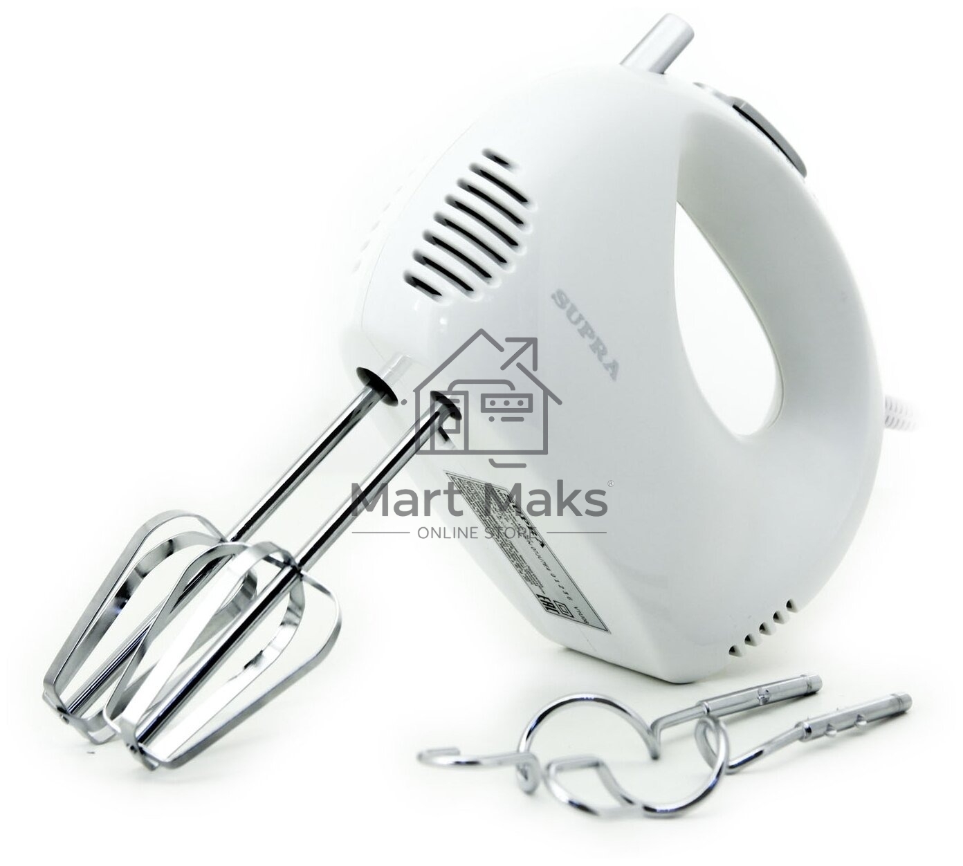 Миксер SUPRA MXS-527 500 Вт.Режим Турбо. 5 скоростей. Две насадки: для взбивания яиц и крема и для замеса тяжелого теста. белый.