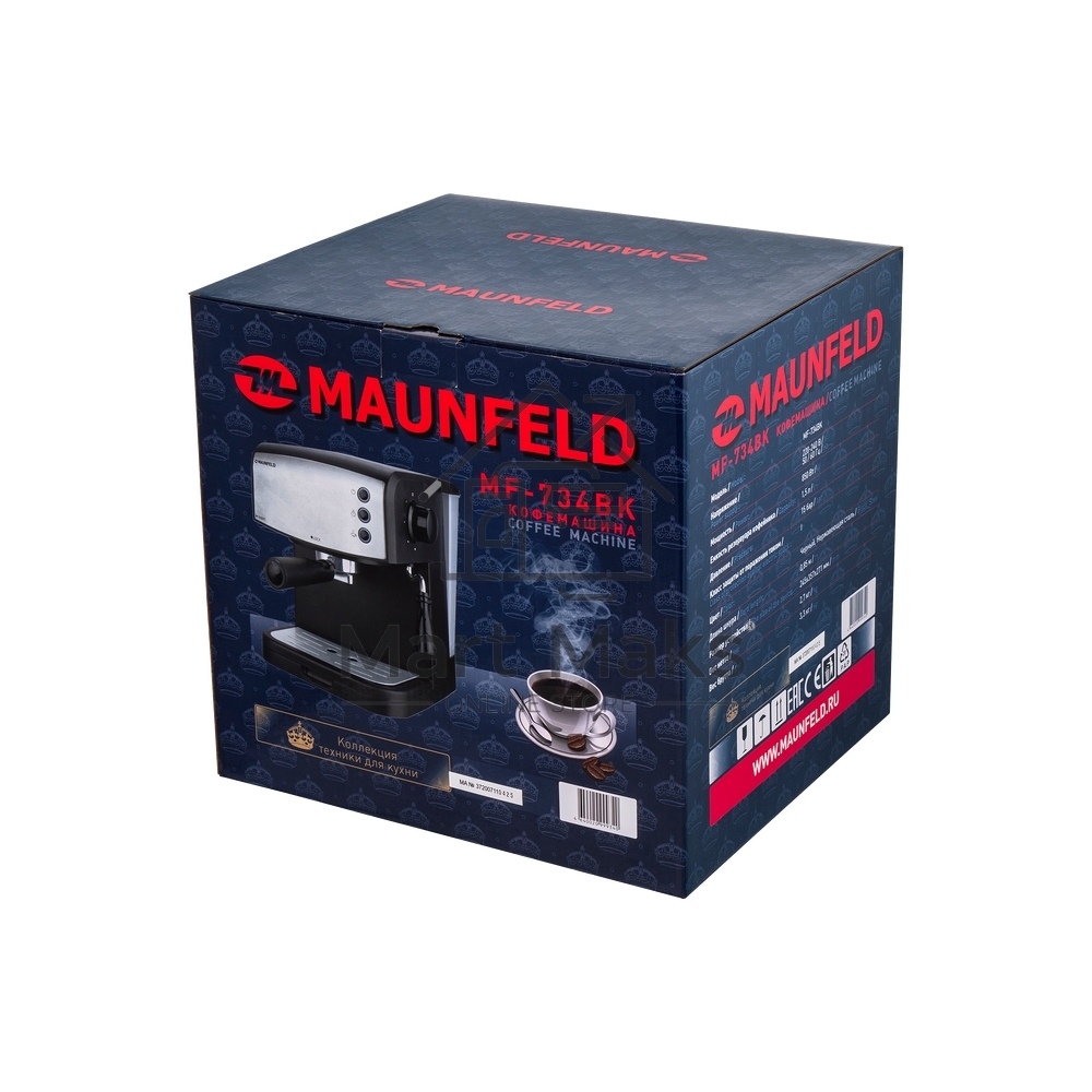 Кофеварка рожковая Maunfeld MF-734BK черный, исп. кофе - молотый/чалды, 1.5 л, 850 Вт, 15 Бар