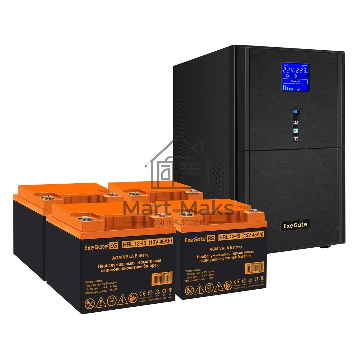 Комплект ИБП EX295991RUS + батарея 45Aч EX285666RUS 4шт (инвертор, синус, для котла) ExeGate SineTower SZ-5000.LCD.AVR.2SH.1C13.T.RJ.USB <5000VA/4000W, чистый синусоида, LCD дисплей, AVR, 2*Schuko+1*C13+клеммы, RJ45/11, USB, линейно-интерактивный, Black> 