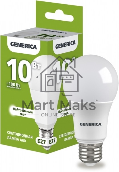 Лампа светодиодная A60 груша 10Вт 230В 4000К E27 GENERICA