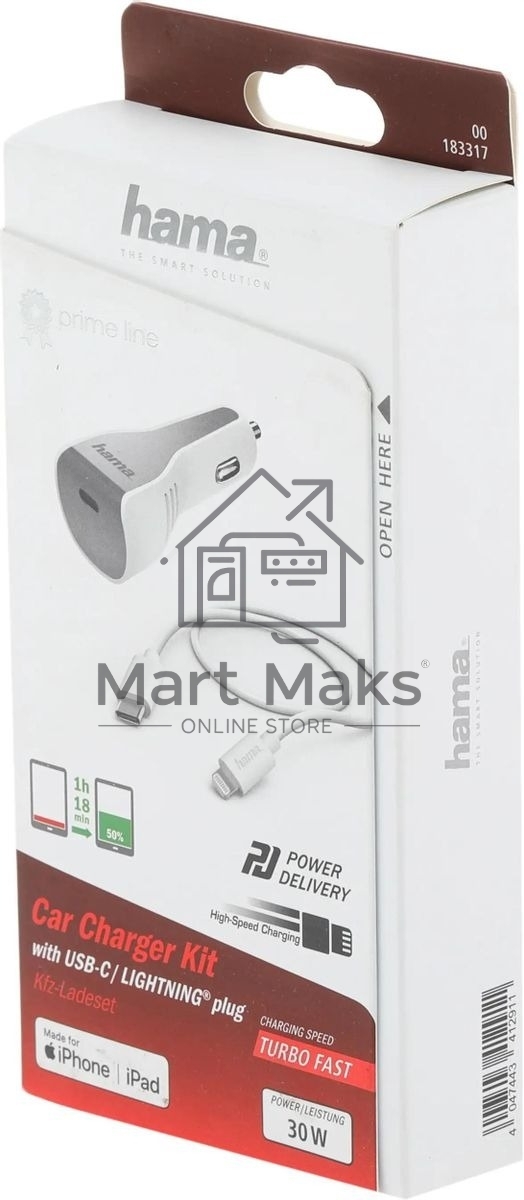 Комплект зарядное устройство Hama H-183317 3A PD для Apple кабель Apple Lightning/Type-C белый