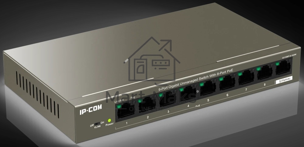 Коммутатор неуправляемый PoE IP-COM G1109P-8-102W 9 портов, 9x1 Гбит/с, PoE 8х92 Вт, настольный