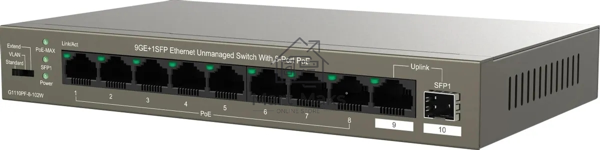 Коммутатор IP-COM G1110PF-8-102W, 8×1 Гбит/с PoE+ + 1×1 Гбит/с Uplink + 1×1 Гбит/с SFP, неуправляемый