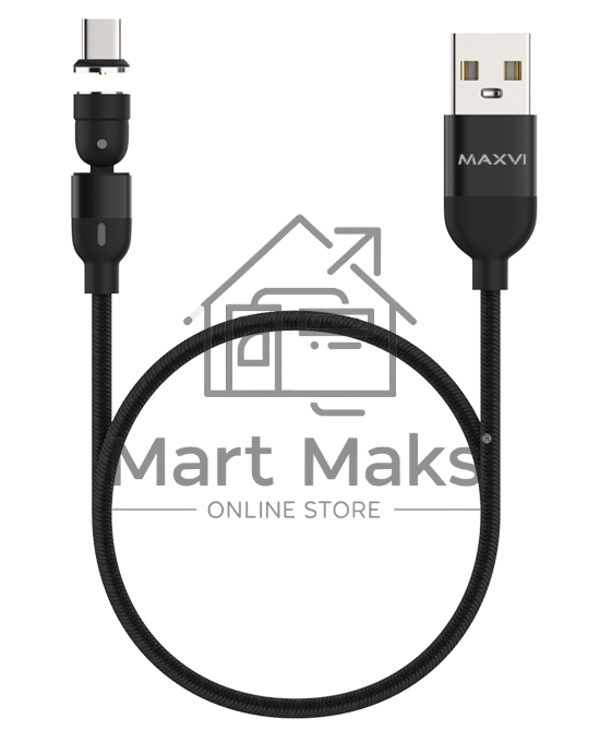 Кабель Maxvi MCm-02T black, USB-A - Type-C, 2A, магнитный разъем, LED ток макс. нагрузки 2А, макс. напряжение 5V; стандарт USB 2.0; длина 1.5м, нейлоновая оплетка, съемный магнитный коннектор, LED подсветка, черный