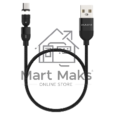 Кабель Maxvi MCm-02T black, USB-A - Type-C, 2A, магнитный разъем, LED ток макс. нагрузки 2А, макс. напряжение 5V; стандарт USB 2.0; длина 1.5м, нейлоновая оплетка, съемный магнитный коннектор, LED подсветка, черный