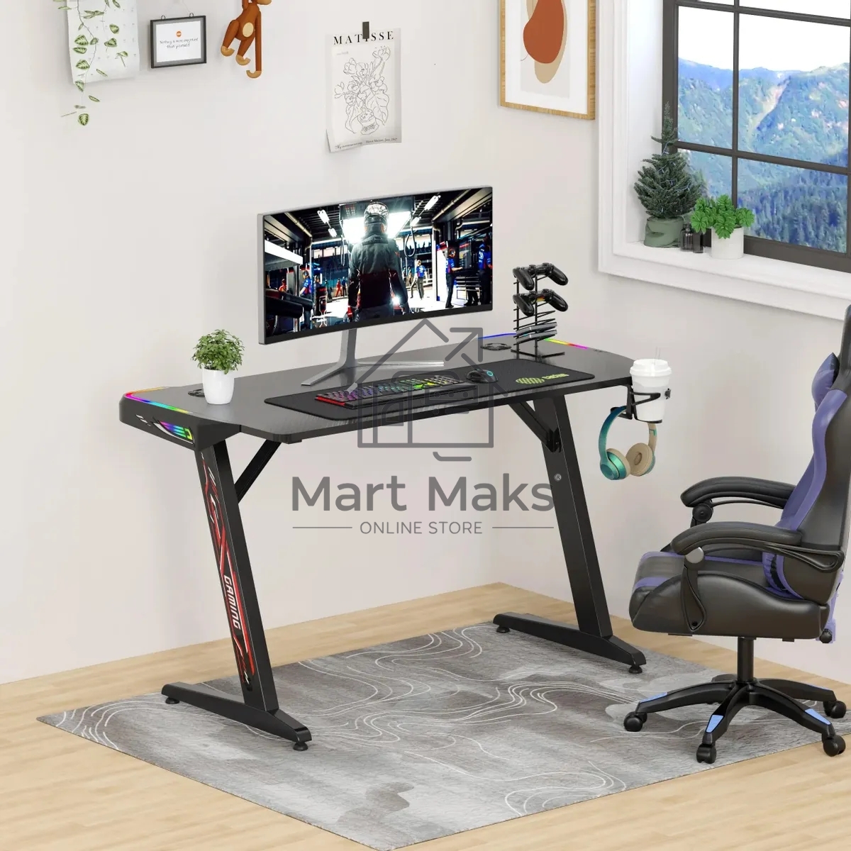 Стол игровой Cactus CS-GTZ-BK-RGB столешница ДСП, черный каркас черный
