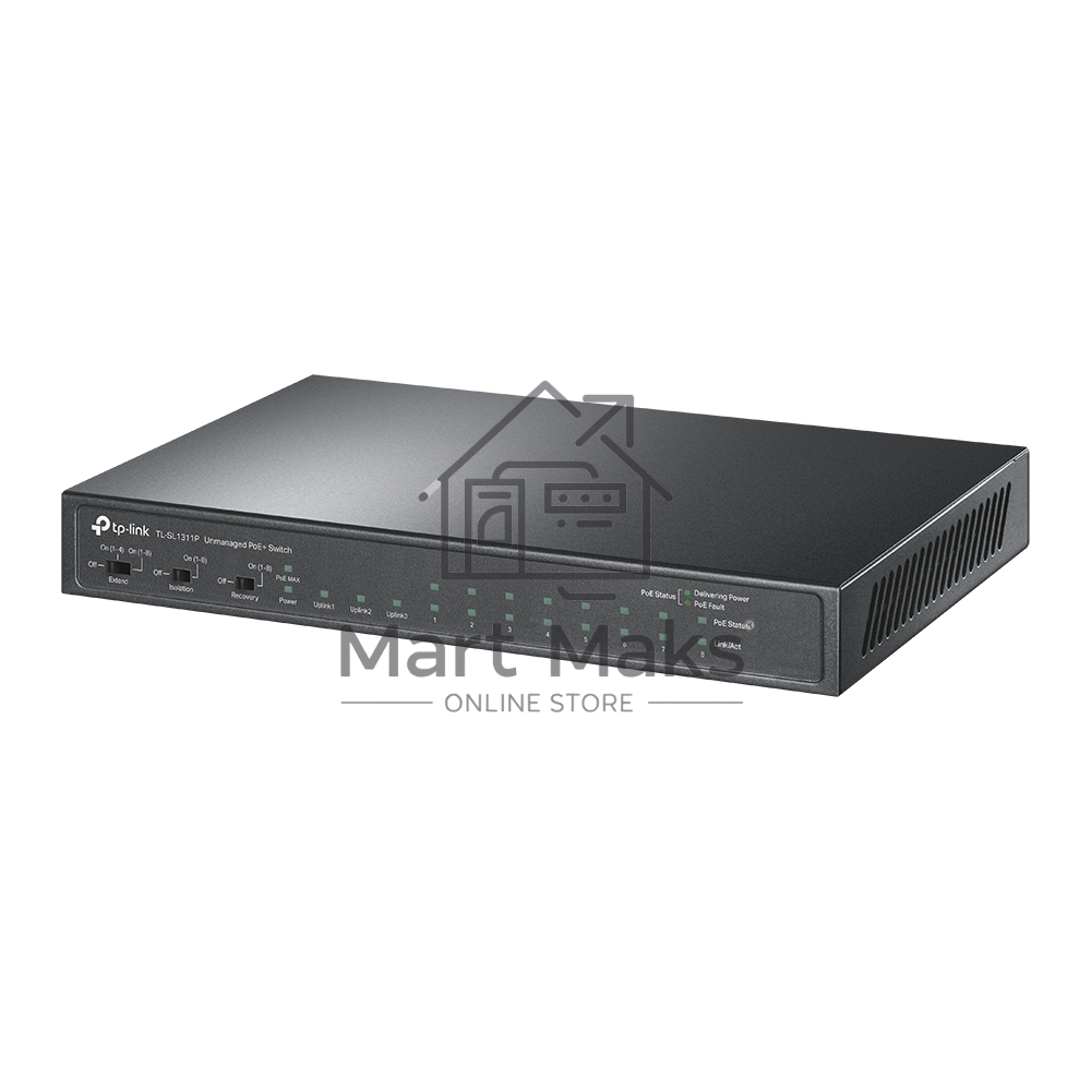 Настольный коммутатор TP-Link TL-SL1311P, 8 портов 10/100 Мбит/с с поддержкой PoE+, 2 гигабитных порта без поддержки PoE, 1 порт SFP, 802.3af/at, бюджет PoE — 65 Вт, стальной корпус