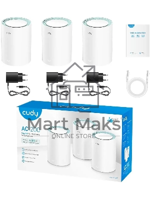 Бесшовный Mesh роутер Cudy M1300 (M1300 3-PACK) AC1200 10/100/1000BASE-TX/Wi-Fi белый (упак.:3шт)