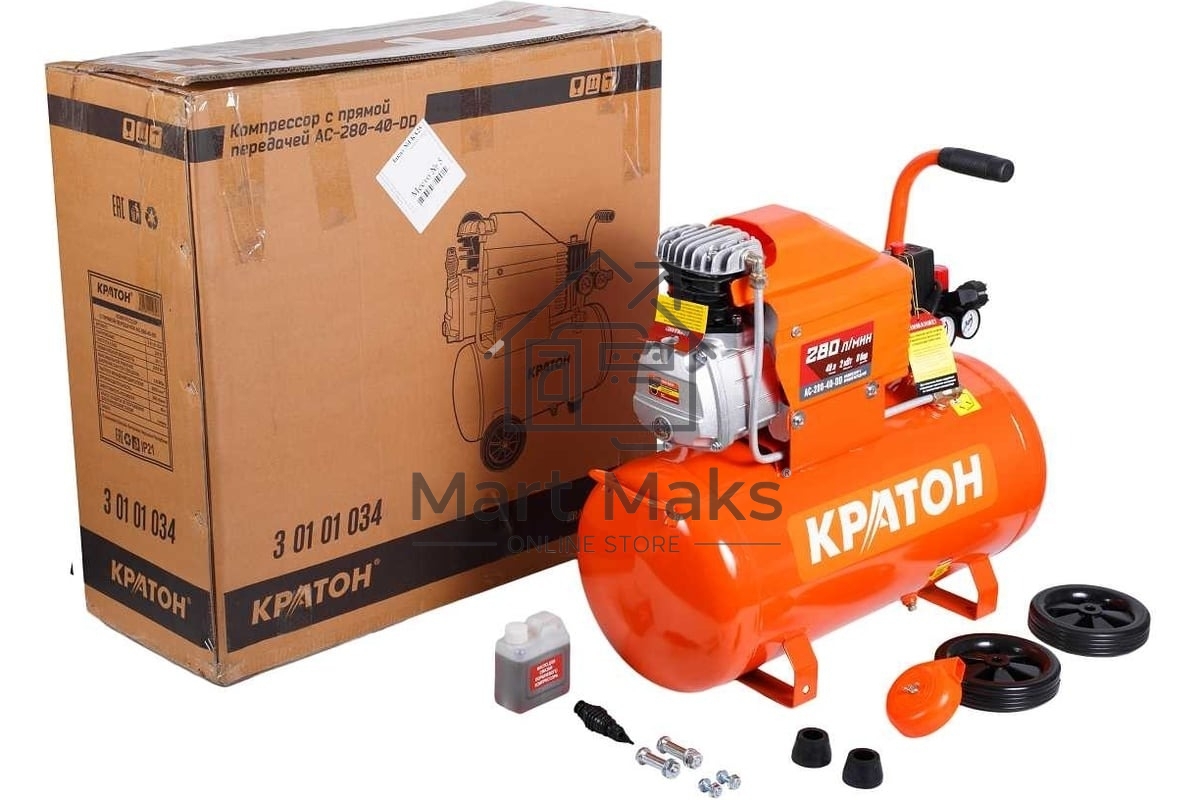 Компрессор КРАТОН AC-280-40-D Dпрямой 220В 2000Вт 280л/мин ресивер40л 32кг