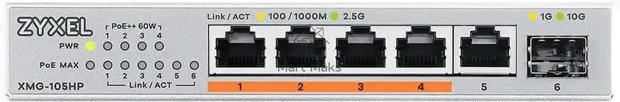 Коммутатор Zyxel XMG-105HP-EU0101F (L2) 5x2.5Гбит/с 1SFP+ 4PoE++ 70W неуправляемый
