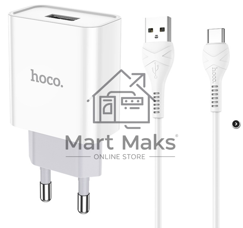 Блок питания (сетевой адаптер) HOCO C81A Asombroso single 1xUSB с кабелем Type-C, 2.1A, 10W, белый