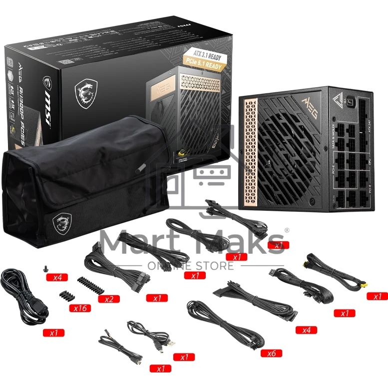 Блок питания MSI MEG Ai1300P (306-7ZP4A11-CE0), 1300Вт, 80 PLUS Platinum, 120мм, модульный, черный / золотой