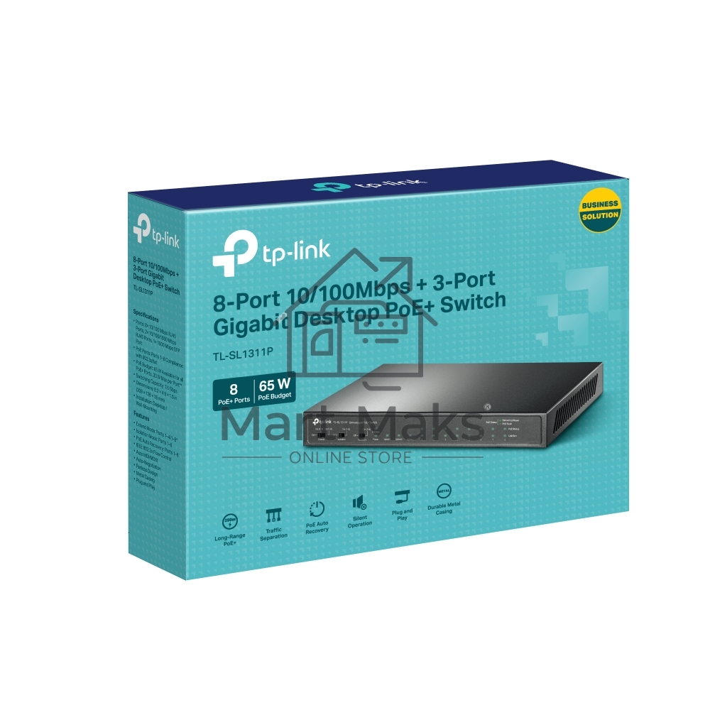 Настольный коммутатор TP-Link TL-SL1311P, 8 портов 10/100 Мбит/с с поддержкой PoE+, 2 гигабитных порта без поддержки PoE, 1 порт SFP, 802.3af/at, бюджет PoE — 65 Вт, стальной корпус