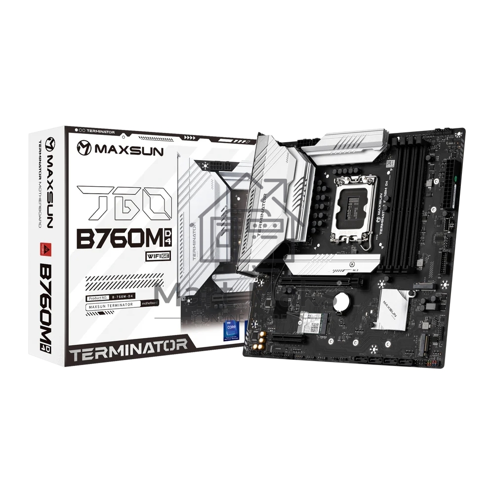 Материнская плата Maxsun Terminator B760M D4 WIFI6E, LGA 1700, Intel B760, 4xDDR4, 4xSATA, 3xM.2, 1xPCIe 5.0 x16, 1xPCIe 3.0 x4, 2xUSB-A 3.2 Gen 1, 2xUSB-A 3.2 Gen 2, 1xUSB-C 3.2 Gen 2x2, 1xHDMI, 1xDP, 1x 2.5Gb LAN, 3x3.5 мм, 5.1, M-ATX