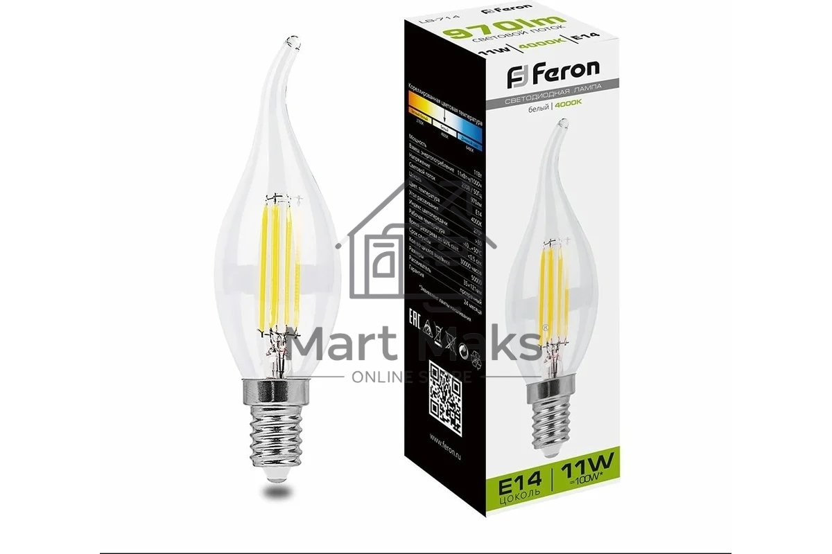 Лампа светодиодная FERON LB-714 (38012) 11W 230V E14 4000K прозрачная