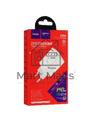 Блок питания (сетевой адаптер) HOCO C80A Rapido PD+QC3.0, 20W два порта (1*USB-A, 1*Type-C), белый