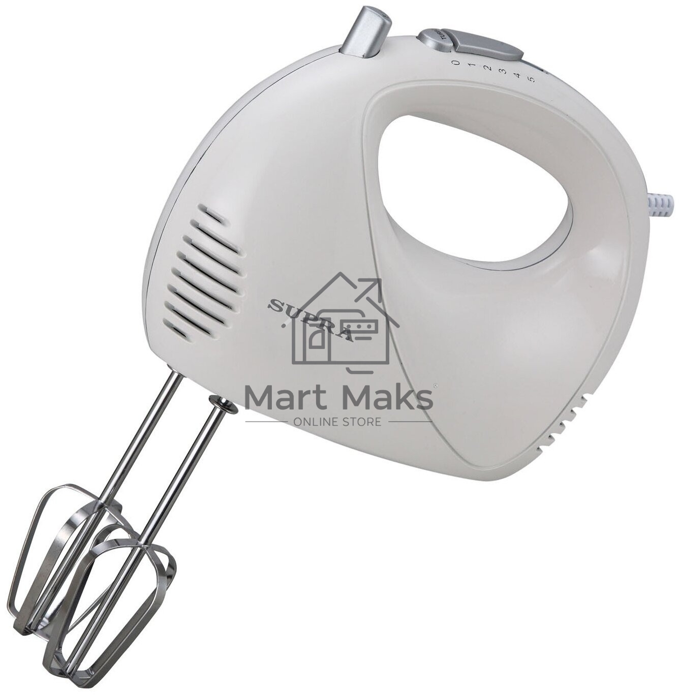 Миксер SUPRA MXS-527 500 Вт.Режим Турбо. 5 скоростей. Две насадки: для взбивания яиц и крема и для замеса тяжелого теста. белый.