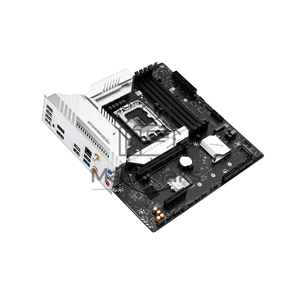 Материнская плата Maxsun Terminator B760M D4 WIFI6E, LGA 1700, Intel B760, 4xDDR4, 4xSATA, 3xM.2, 1xPCIe 5.0 x16, 1xPCIe 3.0 x4, 2xUSB-A 3.2 Gen 1, 2xUSB-A 3.2 Gen 2, 1xUSB-C 3.2 Gen 2x2, 1xHDMI, 1xDP, 1x 2.5Gb LAN, 3x3.5 мм, 5.1, M-ATX