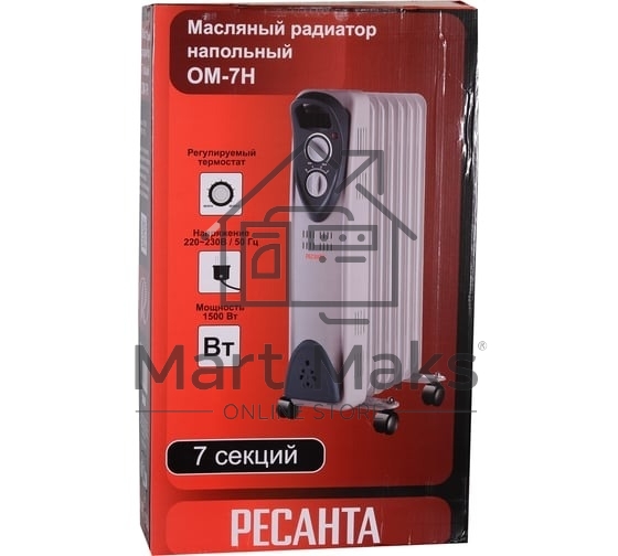Масляный обогреватель Ресанта ОМ- 7Н (7 секций), белый, 1500 Вт, 15 м2, термостат 67/3/7